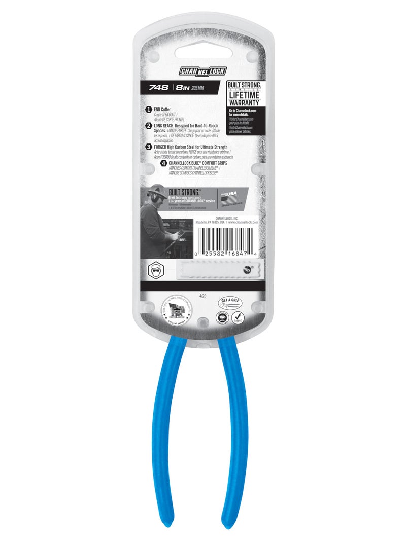 Channellock 748 8-Inch Long Reach End Cutting Pliers | Nipper End Cutter with Extra Long Flat Nose | Designed for Hard to Reach Places | Forged from High Carbon Steel | Made in the USA , Blue - Image 4